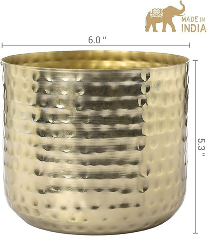 MyGift 6-Inch Shiny Brass Tone Metal Plant Pot with Hammered Texture, Cylindrical Indoor Succulent Planter - Handcrafted in India