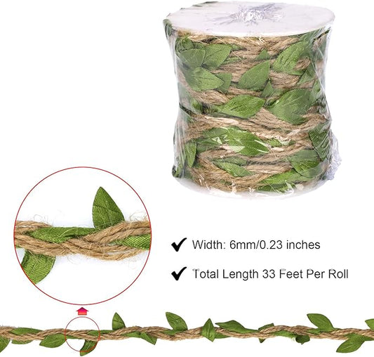 Natural Jute Twine with Green Leaf Ribbon – 33ft Decorative Vine Rope for Gardening, Plant Hanging, Crafts, Gift Wrapping, and DIY Projects (Jute Twine + Dark Green)