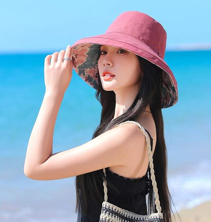 Wide Brim Women Sun Hat Summer Beach Bucket Fishing Hats Metal Wired Edge Packable UV Protection for Hiking Garden Travel