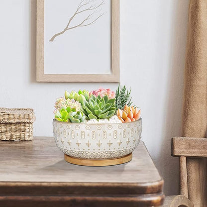 8 Inch Ceramic Succulent Planter Pots with Drainage Hole Flower Pot for Indoor Plants Round Shallow Bonsai Pot with Bamboo Tray White