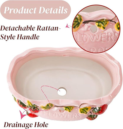2 Pack Ceramic Succulent Planters, 7 Inch Shallow Bonsai Plant Pot with Handle Drainage Hole, Flower Container Bowl for Cactus Tree, Indoor Outdoor Office Decor, Strawberry Pattern