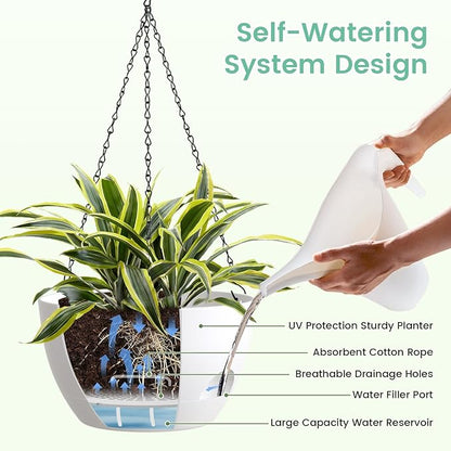 4 Pack 8 Inch Self Watering Hanging Planters for Indoor Outdoor Plants，Hanging Pots for Plants with Drainage Removable Tray, Hanging Baskets Flower Pots for Ivy Pothos Spider Garden Porch White