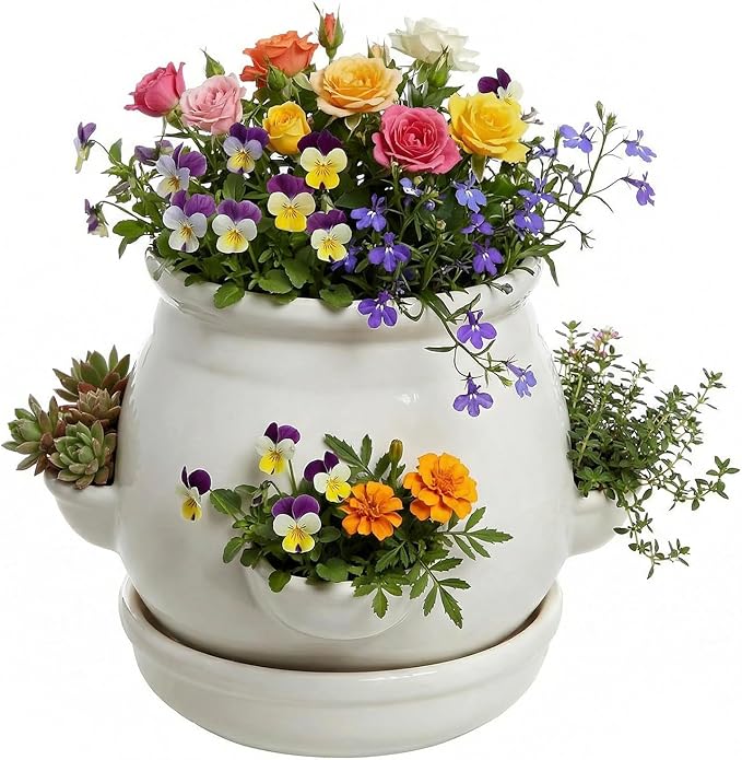MyGift White Ceramic Plant Pot, Flower Strawberry Planter with Saucer and 4 Decorative Side Openings Design