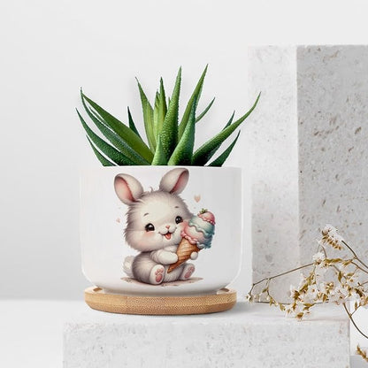 DreamAutumn Cute Easter Bunny Ceramic Pots for Plants with Drainage Holes Round Flower Pot Bamboo Tray Orchid Pot Succulents Pots for Outdoor Indoor Plants