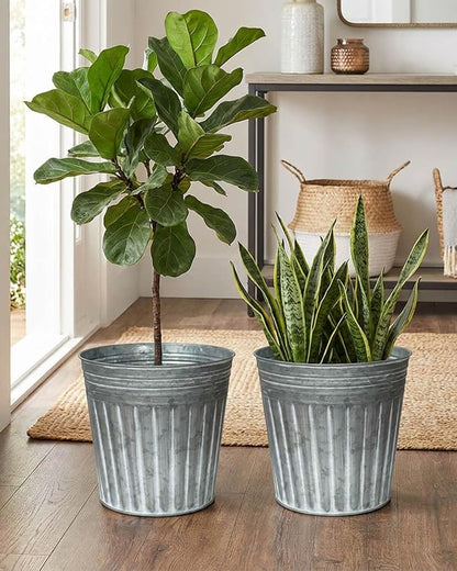 vensovo 11 Inches Silver Metal Rustic Plant Pots - 3 Pcs Large Galvanized Planters with Drain Hole and Rubber Plug, Rustproof Tin Bucket Flowerpot for Indoor Plants Farmhouse Vintage Style for Decor