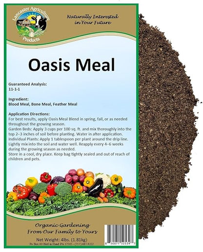 Oasis Meal 4 pounds Organic Nitrogen Fertilizer | Natural Blend of Feather, Bone & Blood Meal Mix for Vegetables, Trees, Shrubs & Gardens - Lancaster Agriculture Products