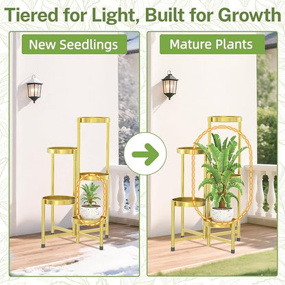 iDavosic.ly Plant Stand Indoor Outdoor, 5 Tier Corner Metal Flower Display Holder Shelf, Easy Assembly Folding Tall Orchid Rack for Patio Balcony Porch Garden Living Room House, Gold