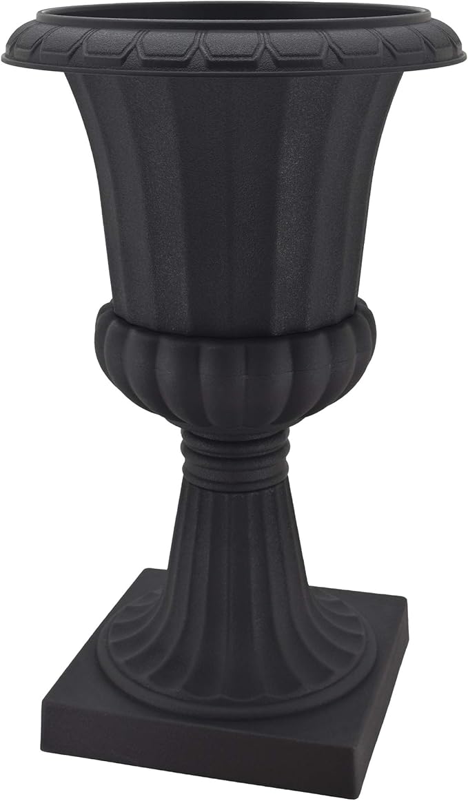 Arcadia Garden Products Plastic Garden Pedestal Urn, Set of 2 Classic Decorative Garden Pot Planter for Indoor and Outdoor Plants, 10” x 17”, Black