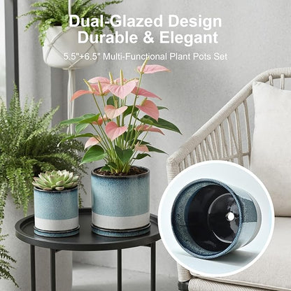 Ceramic Plant Pots Flower Pots Round Planter with Drainage Hole and Saucer Indoor Outdoor with Mesh Pad and Silicone Plug Office Home Decor 5.5+6.5 inch Set 2