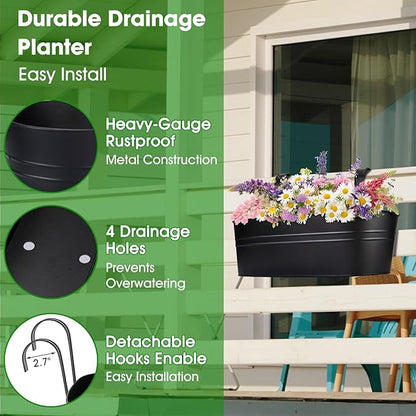 OGIMA Railing Planter Box, 3 Pack 16" Large Hanging Planters for Outdoor Plants with Adjustable Wide Hooks for 2.7'' Railings, Balcony Planters Railing Hanging for Deck, Fence & Patio Decor