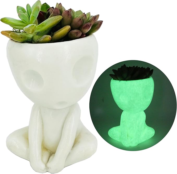 Alien Planter Succulent Pots Glow in The Dark Plant Pot Resin Cute Tree Elves Planters for Indoor Cactus Bonsai Flower Luminous Planters Office Desk Decorative/Home Decoration