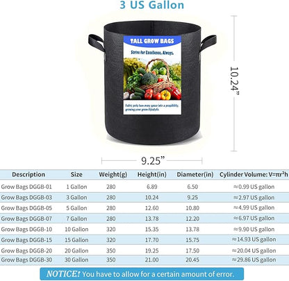 Taller Grow Bags for Deep Root Plants, 3 Gallon 8 Pack Thickened Nonwoven Fabric Pots with Short Handles, Washable Reusable Cloth Plant Bags for Vegetables, Pond Aquatic Plants