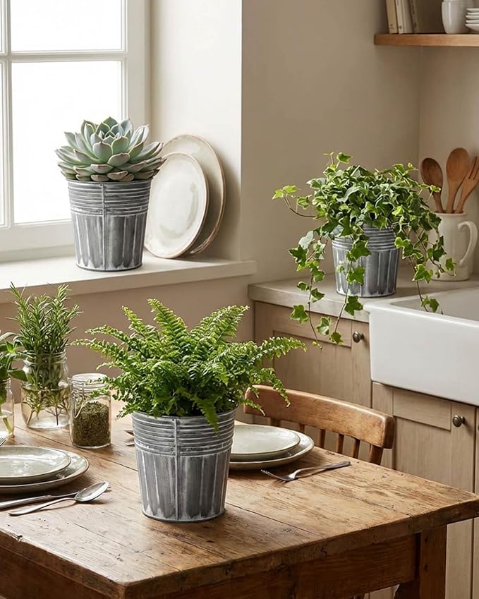 vensovo 5 Inch Silver Metal Rustic Flower Pots - 6Pcs Medium Galvanized Planters with Drainage Hole and Rubber Plug, Rustproof Metal Bucket Plant Pots Farmhouse Vintage Style for Decor