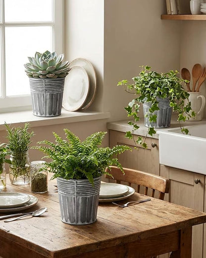 vensovo 5 Inch Silver Metal Rustic Flower Pots - 6Pcs Medium Galvanized Planters with Drainage Hole and Rubber Plug, Rustproof Metal Bucket Plant Pots Farmhouse Vintage Style for Decor