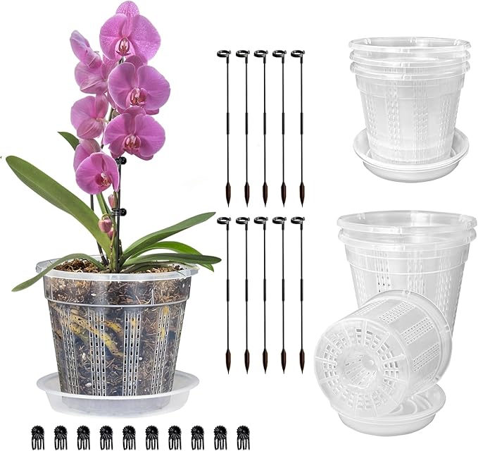 Orchid Pot with Saucers, 6 Pack 4.3" Orchid Pots with Holes and 10Pcs Plant Stakes, Clear Plastic Flower Plant Pot for Indoor Outdoor Plants