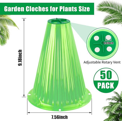 UQM 50 Pack Garden Cloches for Plants, Reusable Bell Plant Protector with Rotary Vent Cover, Garden Protection from Animals Snails Birds Chickens Insect, 9.18" H X 7.56" D (Green)