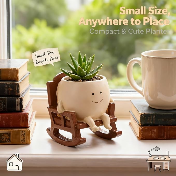 4 Inch Rocking Chair Smiley Face Planter Pots with Drainage Hole, Resin Flower Pot for Succulents, Cute Plant Pot Indoor Outdoor, Perfect for Spring Decor, Unique for Plant Lovers