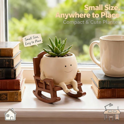 4 Inch Rocking Chair Smiley Face Planter Pots with Drainage Hole, Resin Flower Pot for Succulents, Cute Plant Pot Indoor Outdoor, Perfect for Spring Decor, Unique for Plant Lovers