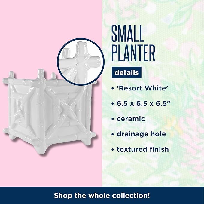 Lilly Pulitzer Small Planter for Indoor Plants or Flowers, Ceramic Pot with Drainage, Resort White (Bamboo)