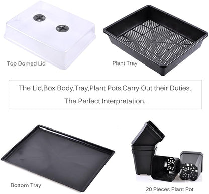 eZAKKA 37x30cm Seed Starter Tray Seed Seedling Starting Kit Plant Germination Kit Humidity Dome with 20 Pieces Square Seed Starter Pots (Black Pots)