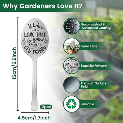 CUTHOLLOW Garden Plant Marker Grow an Old Friend, 2pc Metal Spoon Labels for Outdoor Waterproof - Friendship Gifts for Gardeners Woman - Decorative Garden Plant Tags