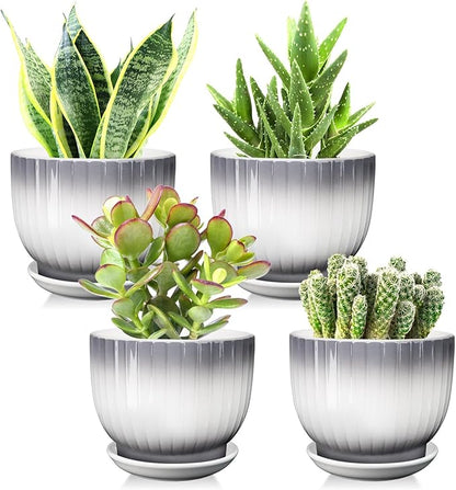 Ceramic Plant Pots,5.5 Inch,Set of 4,Planters with Drainage Hole and Saucer,Flower pots for Indoor Plants,Modern Design(Gray+White)