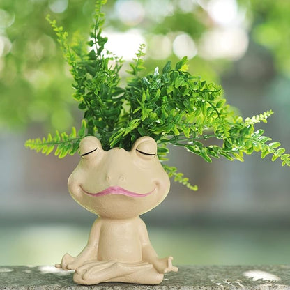Face Planters Pots Head Yoga Frog Resin Plant Pot with Drainage Hole(Khaki-A)
