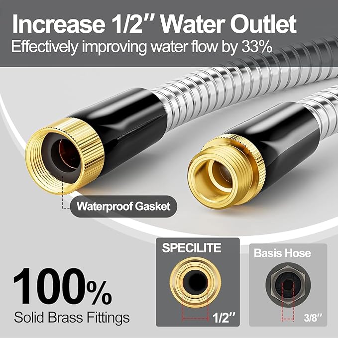 SPECILITE 1/2" 304 Stainless Steel Garden Hose, 25FT Water Pipe with Heavy Duty Metal Nozzle for Yard, Outdoor, Lawn - Flexible, Never Kink & Tangle, Puncture Resistant