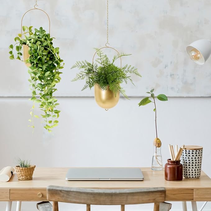 Boho Hanging Planter, Set of 2 Gold Metal Plant Hanger with Hooks and Chains, Modern Wall & Ceiling Planters Outdoor/Indoor Hanging Planter for Window, Porch, Balcony and Home Décor