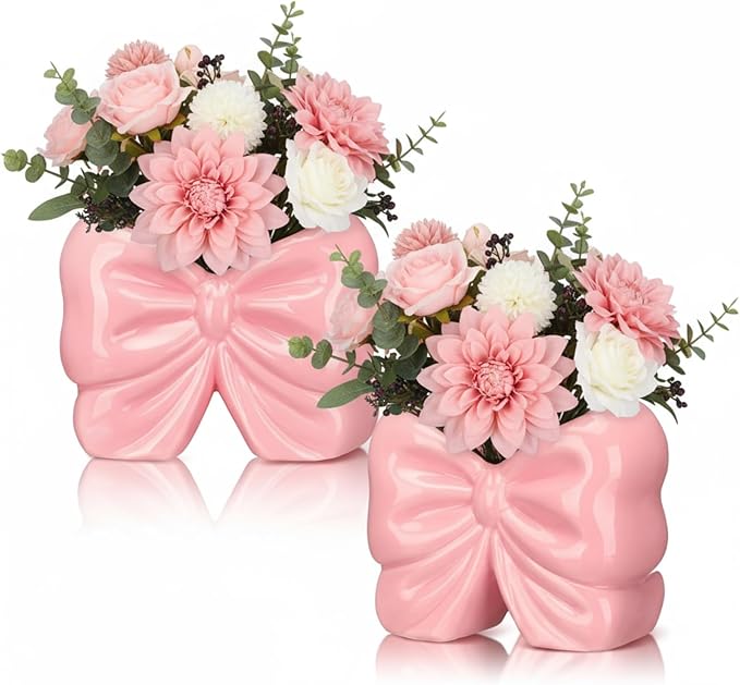 2 Pcs Coquette Bow Succulent Pots with Drainage Pink Bowtie Ceramic Planter Pots Plants Holder Bowtie Shaped Cactus Flower Container for Home and Office Desk Display Coquette Party Decoration