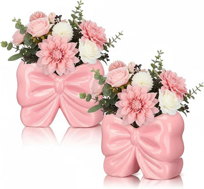 2 Pcs Coquette Bow Succulent Pots with Drainage Pink Bowtie Ceramic Planter Pots Plants Holder Bowtie Shaped Cactus Flower Container for Home and Office Desk Display Coquette Party Decoration