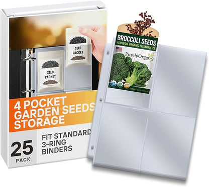 Performore 200 Pockets Seed Storage Organizer Sleeves (3.5" x 5.25") – top Loading 4 Pocket Garden Seed Organizer Fits Standard 3-Ring Binders – for Seed Packets, Coupons, Photos, and Cards – 25 Pack