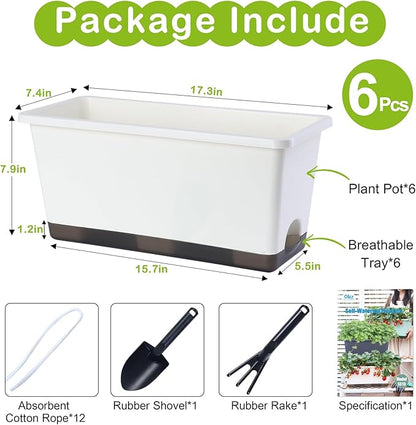 Window Box Planter 6 Pcs, 17 Inches Rectangle Flower Pots with Drainage Holes and Trays, Vegetable Planters for Windowsill Patio Garden Balcony Home Porch Yard Indoor Outdoor (White, 17*7.4*7.8 inch)