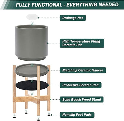 D'vine Dev Ceramic Planter with Natural Stand - 10 Inch Modern Round Flower Pot with Wood Planter Holder, Grey, 55-B-K-3