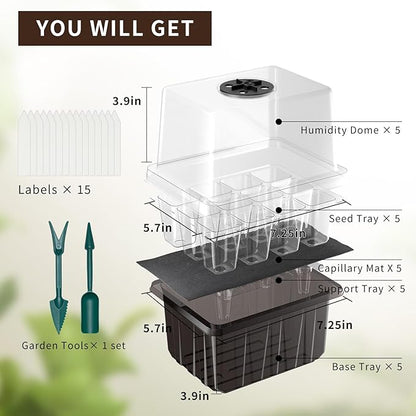 Seed Starter Trays Self-Watering - Kit with Humidity Dome, 5-Pack 60-Cell Plant Seedling Tray,Reusable Germination Trays for Indoor Gardening Seeds Growing Starting