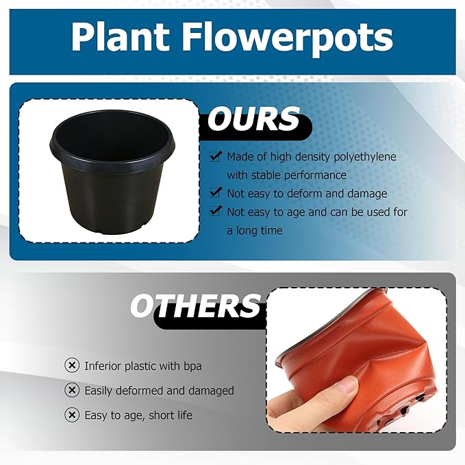 10 Pack Plastic Planter Nursery Pots 15 Gallon Pots for Plants, Bulk Plastic Flower Pot, Round Black Grower Pot with Drainage Hole for Indoor and Outdoor