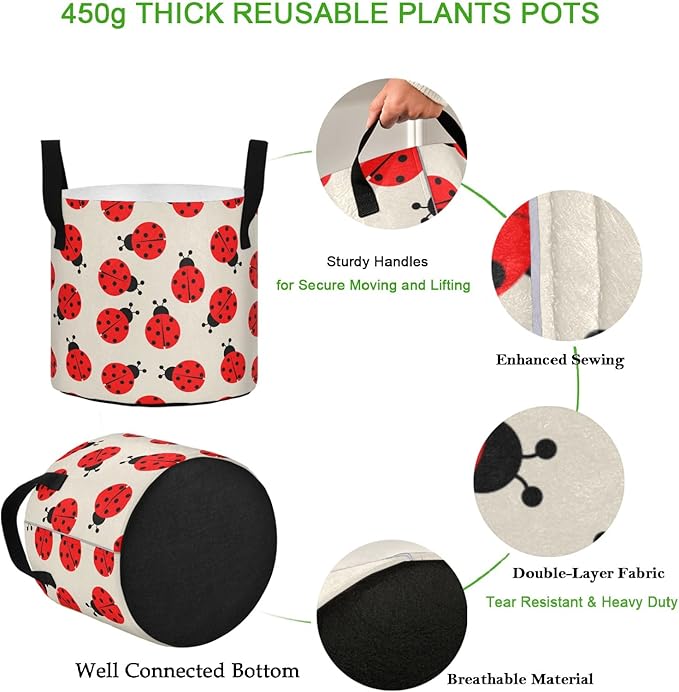5 Gallon Cartoon Ladybug Beige Floral Breathable Potato Grow Bags Heavy Duty Planter Pot Containers with Handles for Tomato Fruits Flowers Vegetables