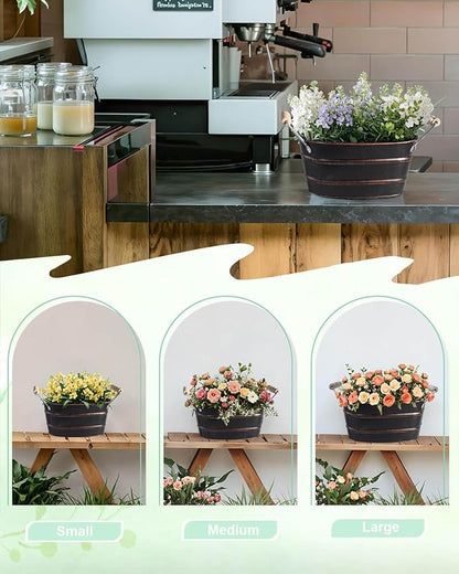 Galvanized Metal Oval Planter Buckets with Handles – Set of 3 Rustic Farmhouse Flower Tubs with Drain Holes & Plugs, Vintage Small Pots for Herbs, Succulents, Wedding or Tabletop Decor (Black)