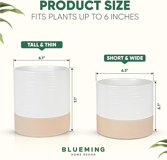 Ceramic Self Watering Plant Pots – 6 Inch Planter for Indoor House Plants with Drainage & Water Storage for Succulents (White & Beige, 7" Tall)
