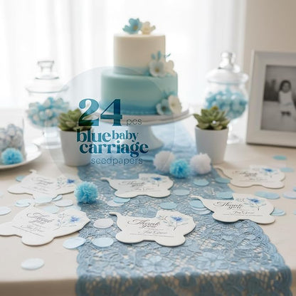 Carriage-Shaped Seed Paper – 24 pcs Blue Shower Favors for Guests with Wildflower Seeds, Writable & Plantable, Gender Reveal, Birthday Gifts for Guest