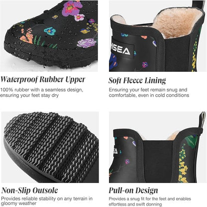 HISEA Women's Plush Rain Boots Waterproof, Chelsea Rubber Booties Women, Ladies Ankle Snow Boots for Winter Spring Garden Outdoor