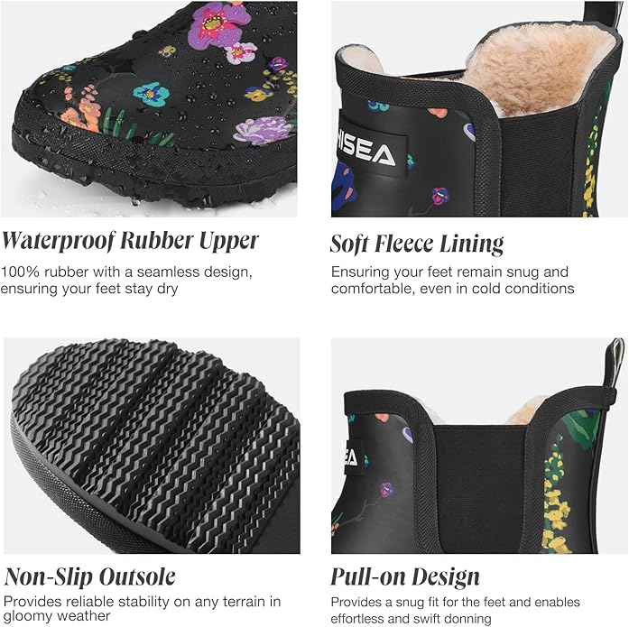 HISEA Women's Plush Rain Boots Waterproof, Chelsea Rubber Booties Women, Ladies Ankle Snow Boots for Winter Spring Garden Outdoor