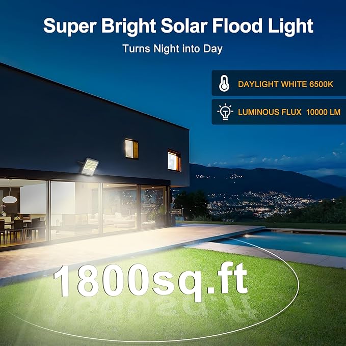 100W Solar Lights Outdoor 10000LM LED Automatic Light with 10000mAh Battery, IP65 Waterproof Outside Solar Powered Security Flood Light and 8.2ft Cable with Remote Control for Pathway, Patio & Yard