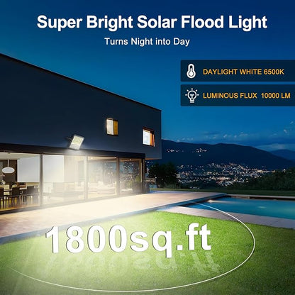 100W Solar Lights Outdoor 10000LM LED Automatic Light with 10000mAh Battery, IP65 Waterproof Outside Solar Powered Security Flood Light and 8.2ft Cable with Remote Control for Pathway, Patio & Yard