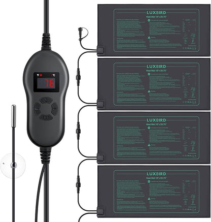 LUXBIRD 4 Pack Seedling Heat Mats with Digital Thermostat Controller, 10" x 20.75" Waterproof for Seed Starting, Germination, Hydroponics, Brewing, Breeding, Greenhouses (LB-HT04)