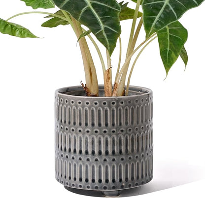 5 Inch Ceramic Planters for Indoor Plants, Gray Cactus Snake Plant Pots with Drainage, Unique Design Round Flower Pot for Home Decoration