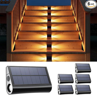 6 Pack Solar Powered Step Lights Outdoor Waterproof LED for Deck Stair Safety Outside Decorative Lamps for Porch Railing, Fence, Walkway, Yard, Patio, 2 Sided Warm White Lighting for Enhanced Security