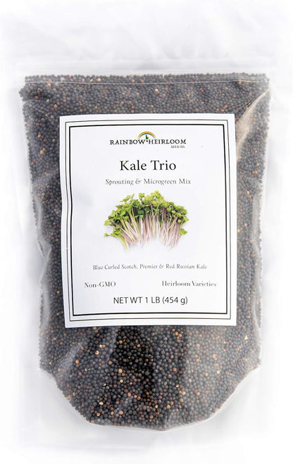 Kale Trio Sprouting & Microgreen Mix | Contains Blue Curled Scotch, Premier & Red Russian Kale Seeds | Heirloom Non-GMO Seeds | Bulk 1 LB Resealable Bag | Rainbow Heirloom Seed Co.