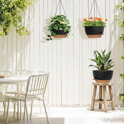 3 Pack 10 Hanging Flower Pots with Chains Self Watering Plastic Planters for Indoor Outdoor Plants, Sturdy Triangular Iron Chain Design for Garden PorchPlastic hanging flower pots (3, Black Brown)
