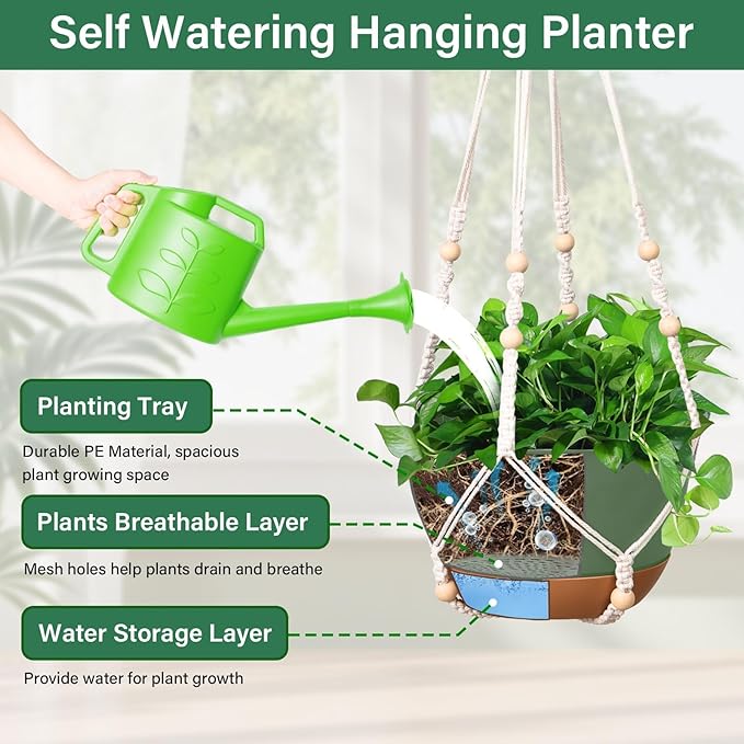 Hanging Planters for Indoor Plants, 2 Pack 8 Inch Self Watering Hanging Pots for Plants with Drainage Holes, Indoor Outdoor Hanging Flower Pots for Home Garden Ceiling Decor (Green)